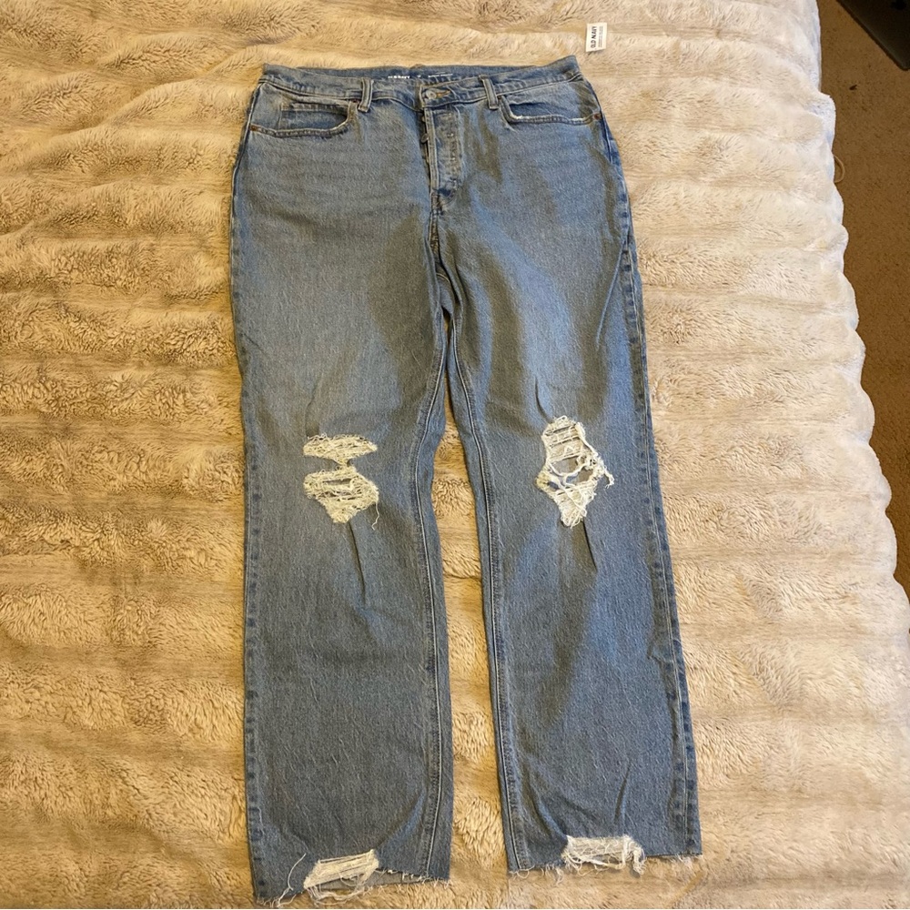 Old Navy Blue Straight Leg Jeans with Distressing and Frayed Hems